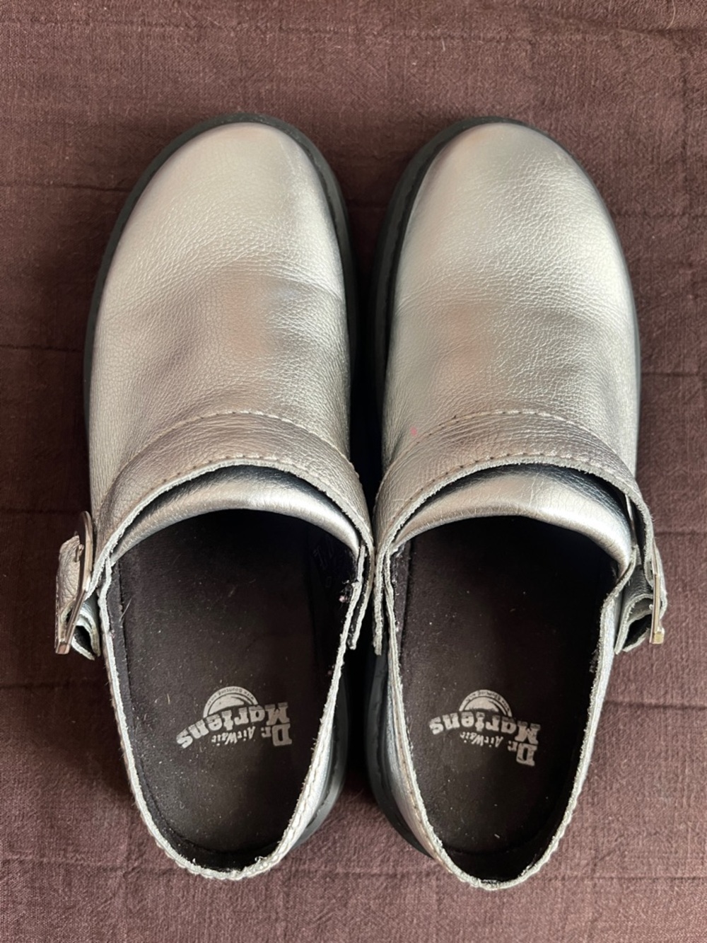 Dr. Martens Laketen Metallic Silver Leather Clogs with Buckle
